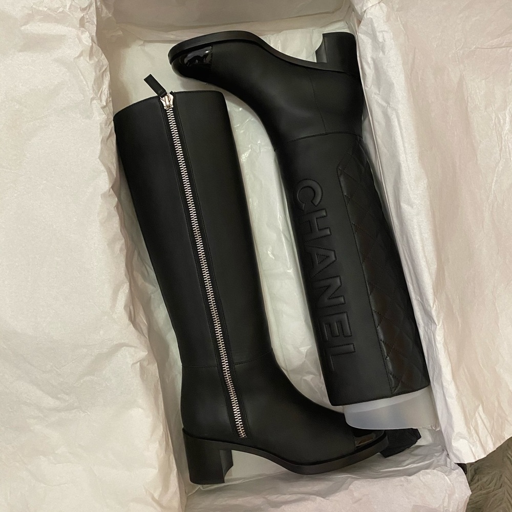 Chanel Knee High Boots Black Size 6.5 Logo